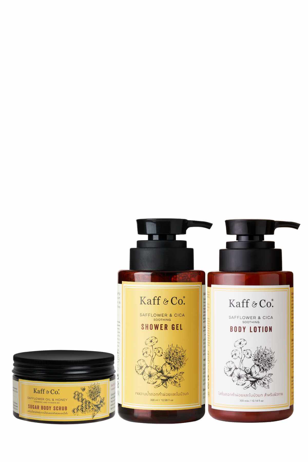 Saver Set - สครับน้ำตาล 240 g & เจลอาบน้ำ & โลชั่นดอกคำฝอยและใบบัวบก 300 ml